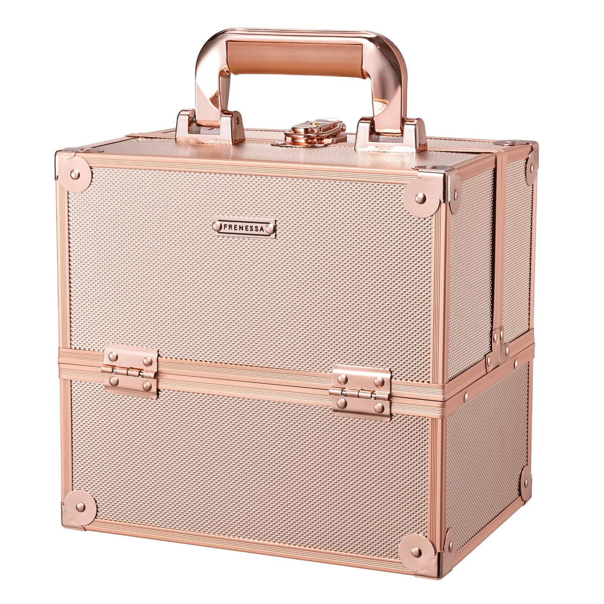 Frenessa rose gold makeup train case front view showing sturdy build and organized storage.