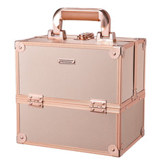 Frenessa rose gold makeup train case front view showing sturdy build and organized storage.