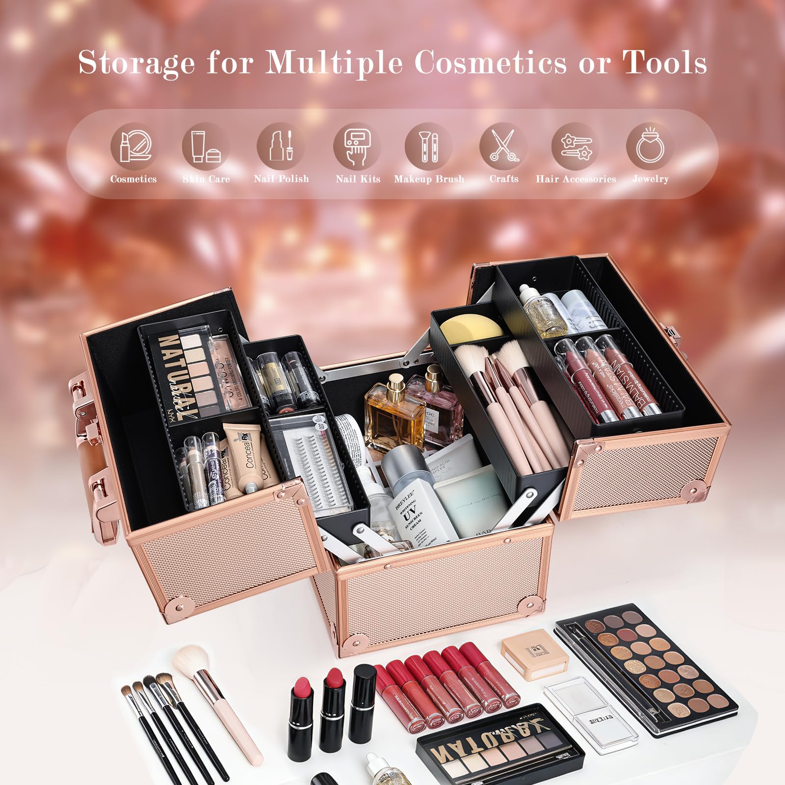 Frenessa case in use on vanity with organized cosmetics setup.