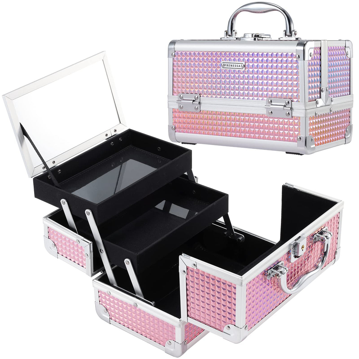 FRENESSA shiny pink makeup box front view, portable travel-ready organizer.