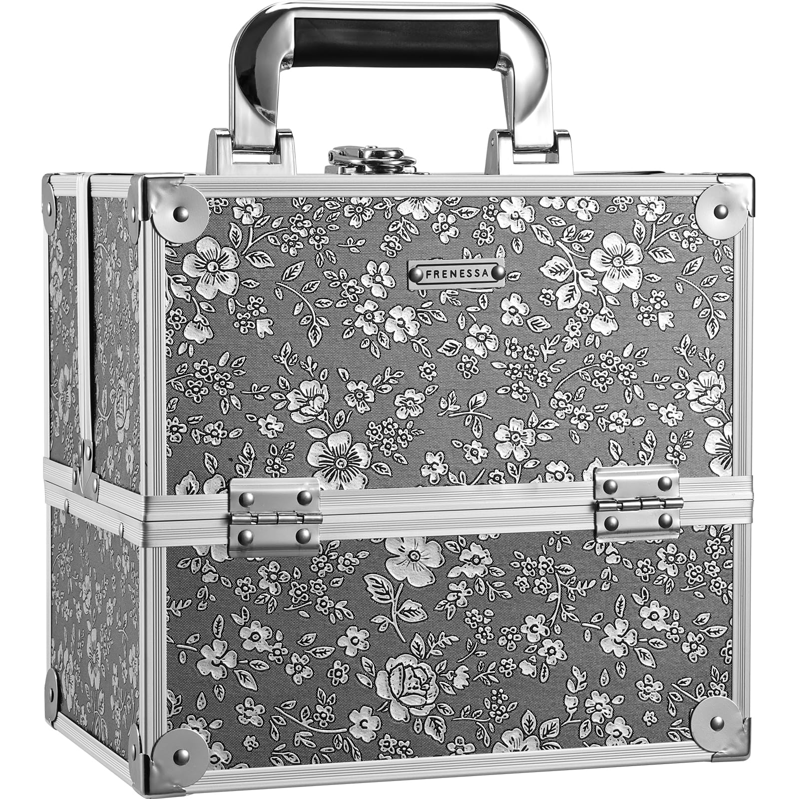 FRENESSA silver floral makeup case front view for travel-ready organization.