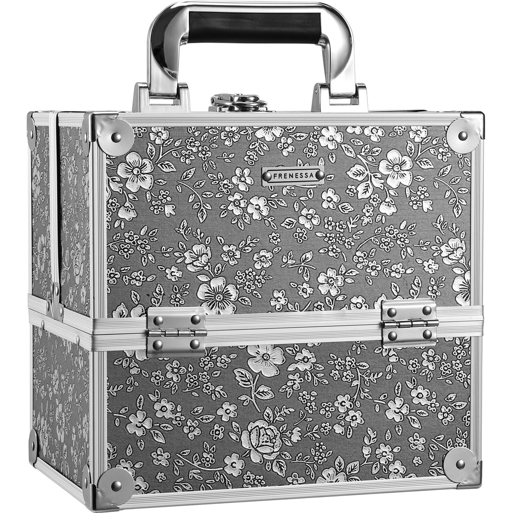 FRENESSA silver floral makeup case front view for travel-ready organization.