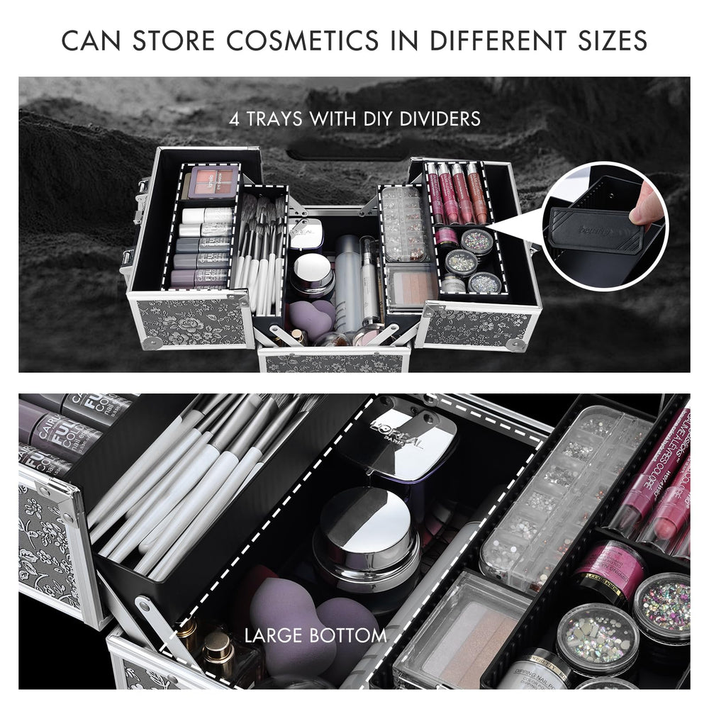 FRENESSA silver floral makeup case open tray shows organized compartments.