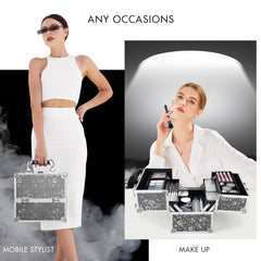 FRENESSA train-case with 4-tier trays extended for easy access.