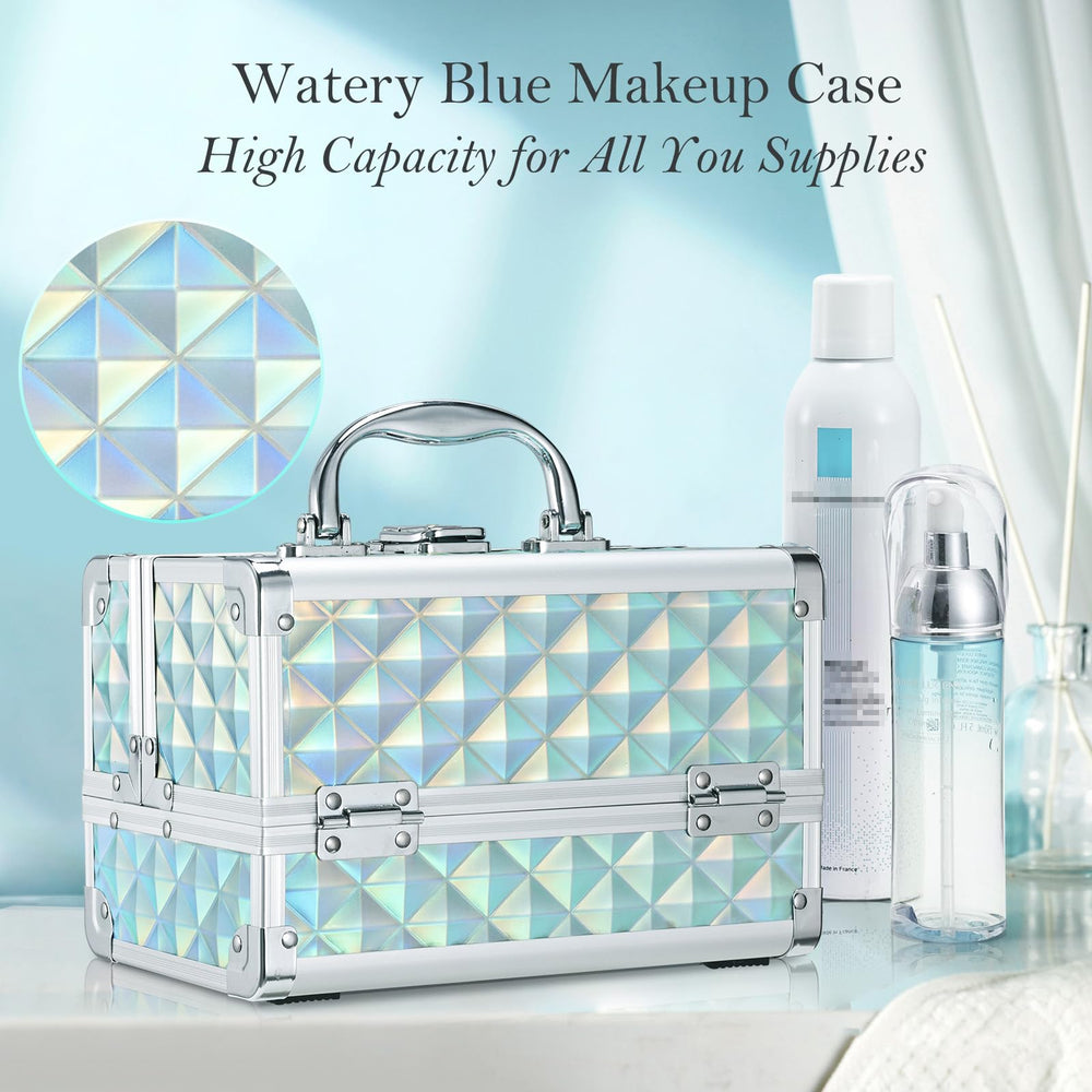 Frenessa train case with mirror top tray open for quick makeup reach