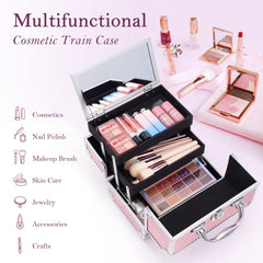 FRENESSA train-case mirror-top tray view, quick-access cosmetics.