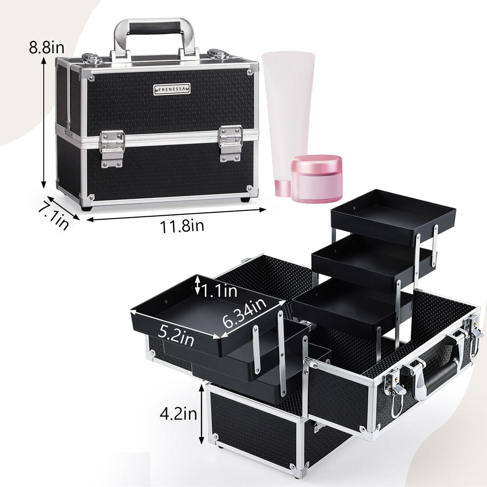 FRENESSA makeup train case bottom space fits palettes and travel bottles.