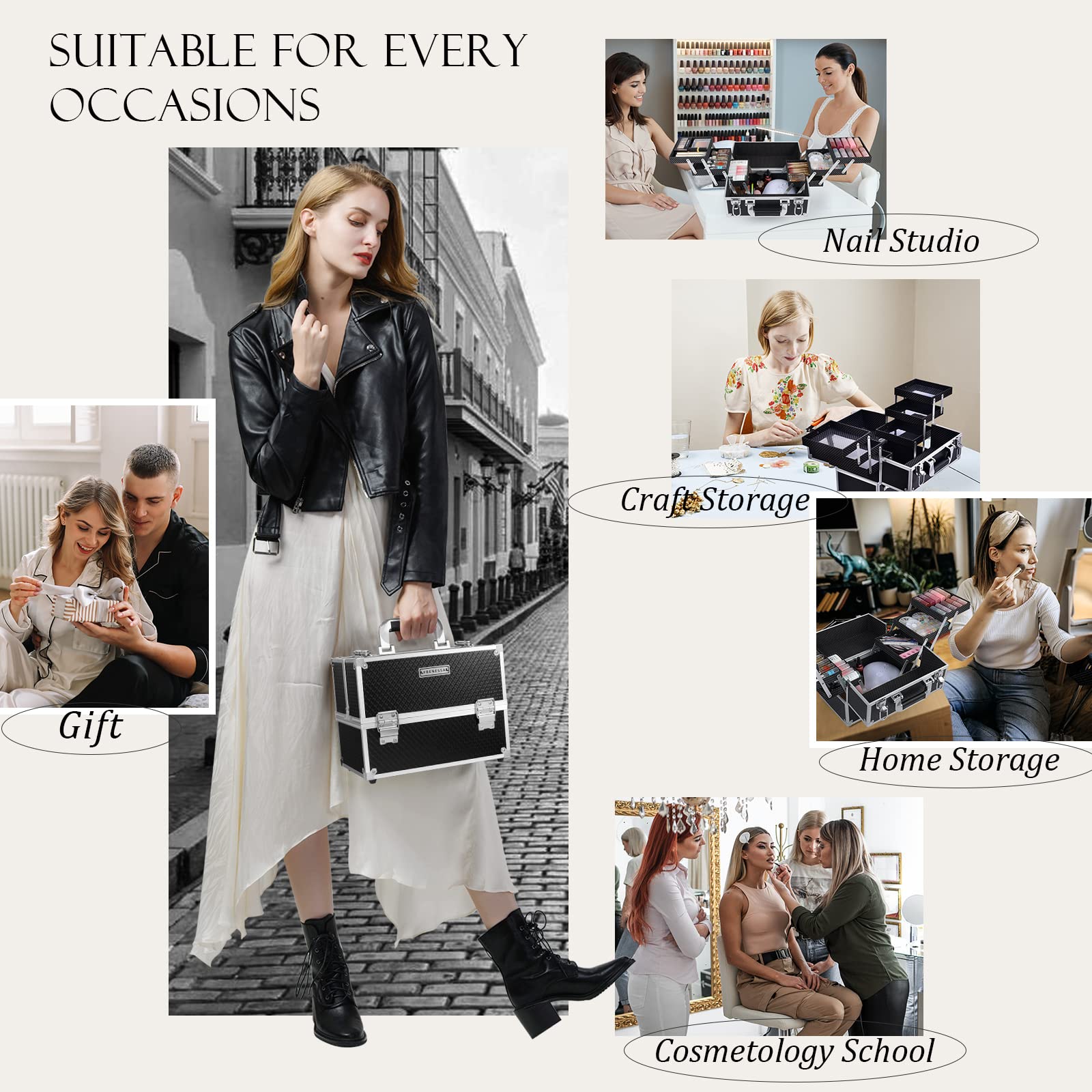 FRENESSA makeup train case durable shell emphasizes rugged protection.