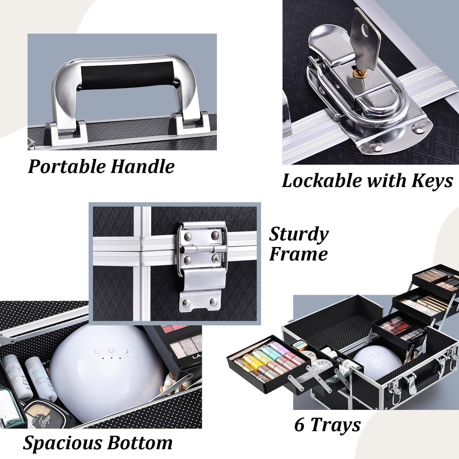 FRENESSA makeup train case handle demonstrates comfortable grip for daily transport.