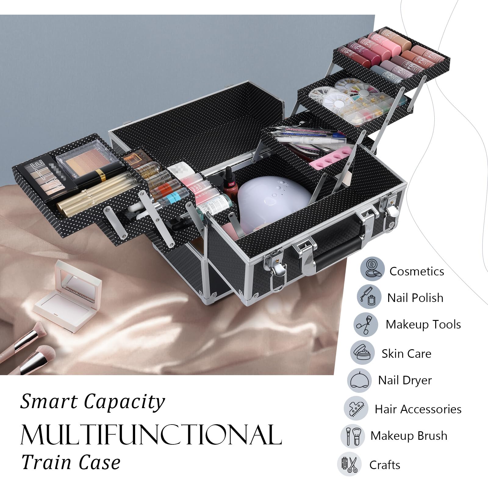 FRENESSA makeup train case trays extended showing organized storage.