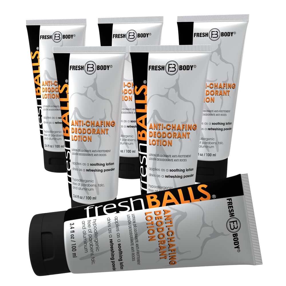Fresh BALLS deodorant cream-to-powder tube in a six-pack for on-the-go freshness.