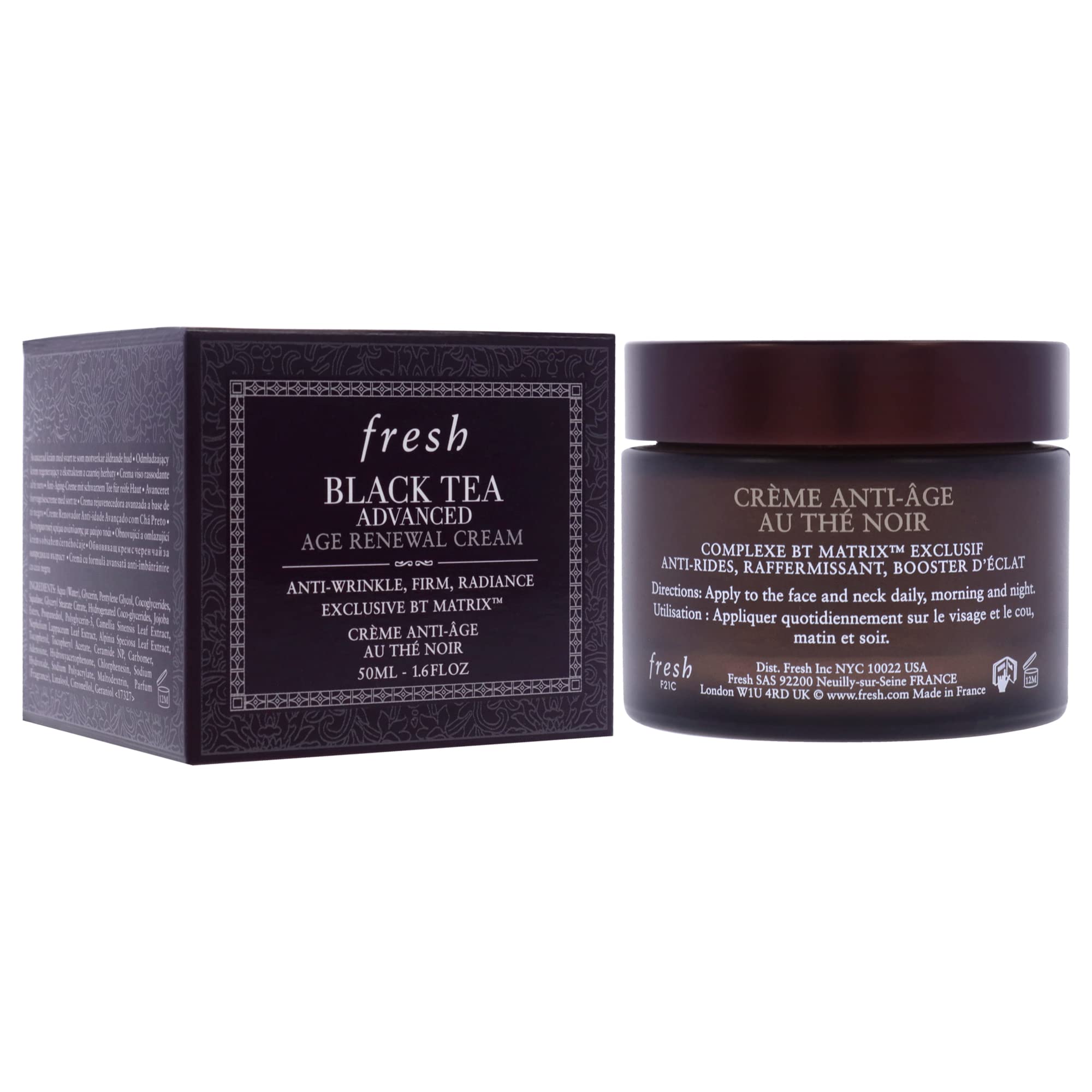 Fresh Black Tea Advanced Age Renewal Cream packaging closeup indicates premium skincare experience