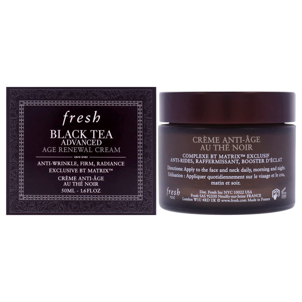 Fresh Black Tea Advanced Age Renewal Cream tube closeup showing rich texture for daily anti-aging routine