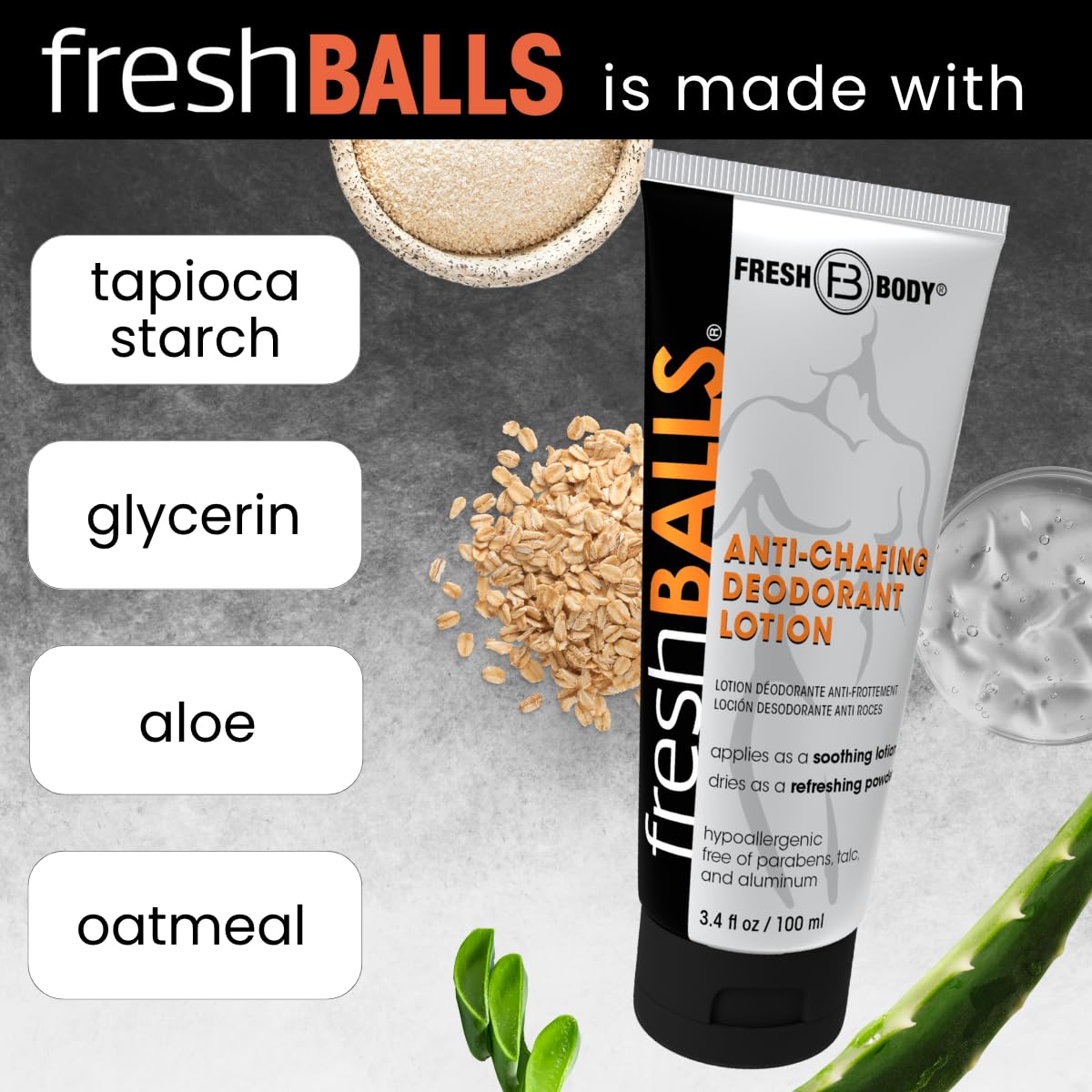 Tube of Fresh Balls Cream in hand indicating moisture absorption benefits