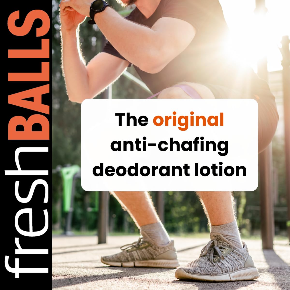 Fresh Balls Lotion application closeup shows quick-dry formula for discreet daily use