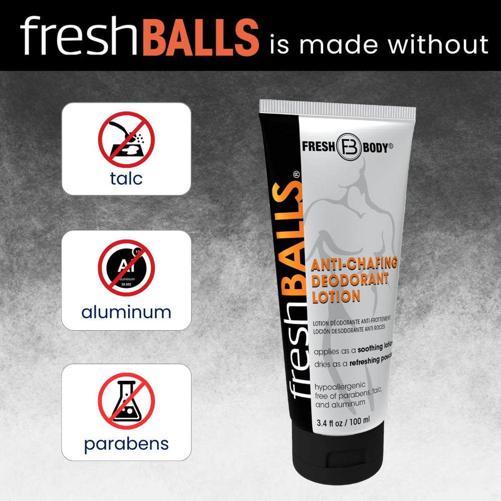 Fresh Balls Lotion talc-free formulation offering clean, residue-free wear