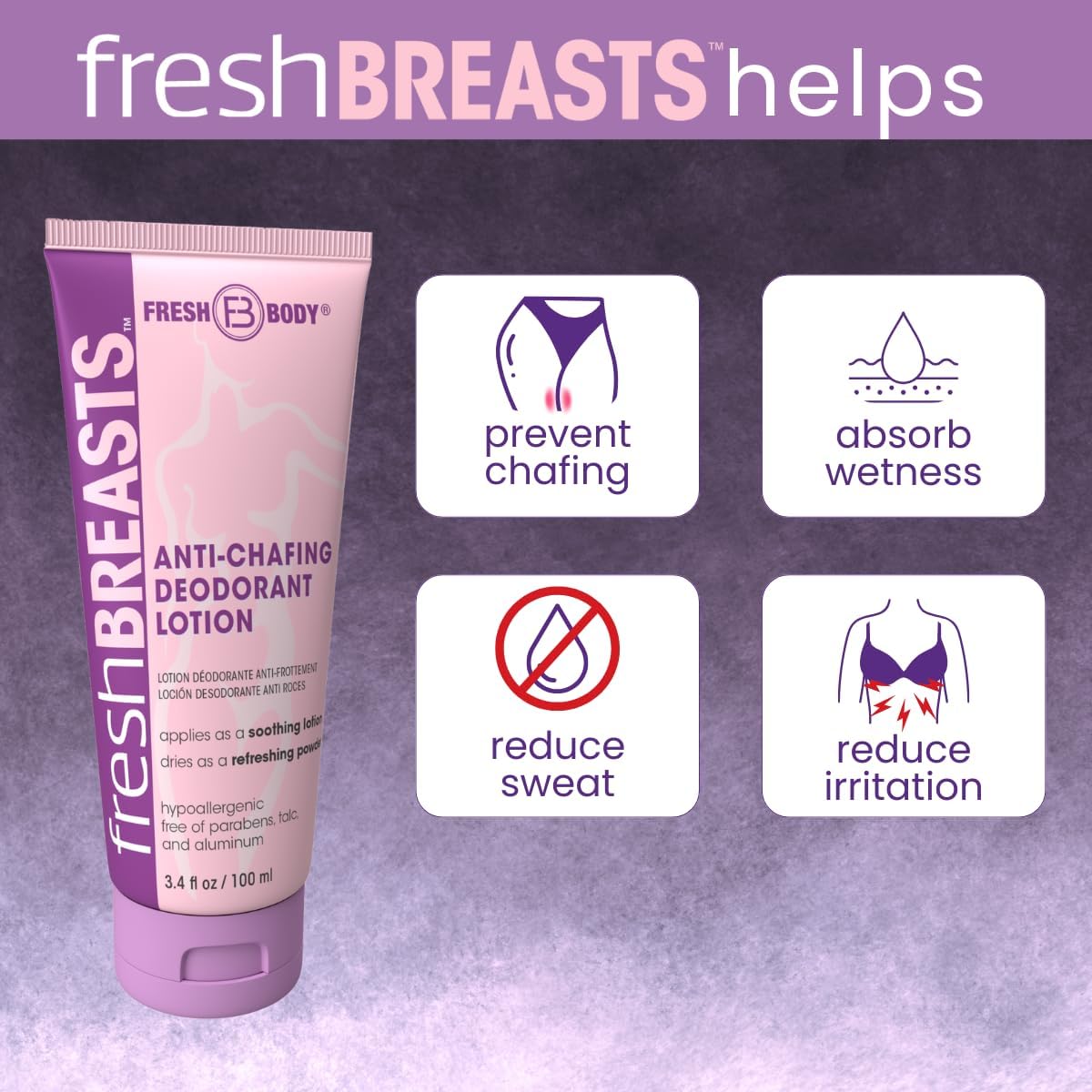 Fresh Breasts drying-powder provides a silky anti-friction layer.