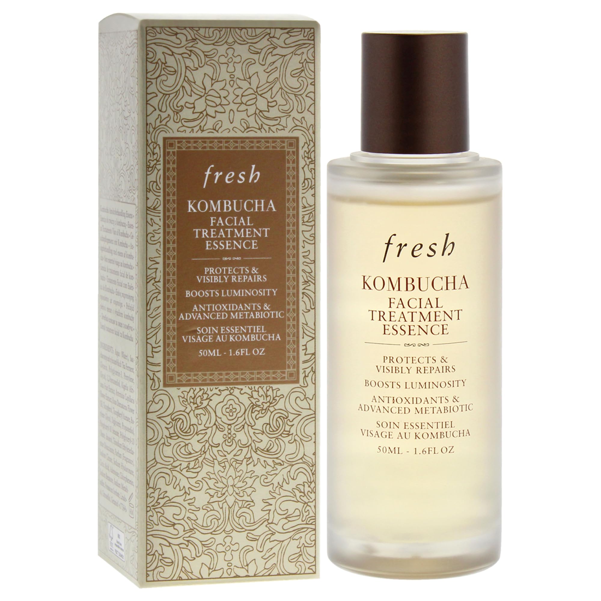 Fresh Kombucha Facial Treatment Essence close-up shows hyaluronic acid formula for moisture