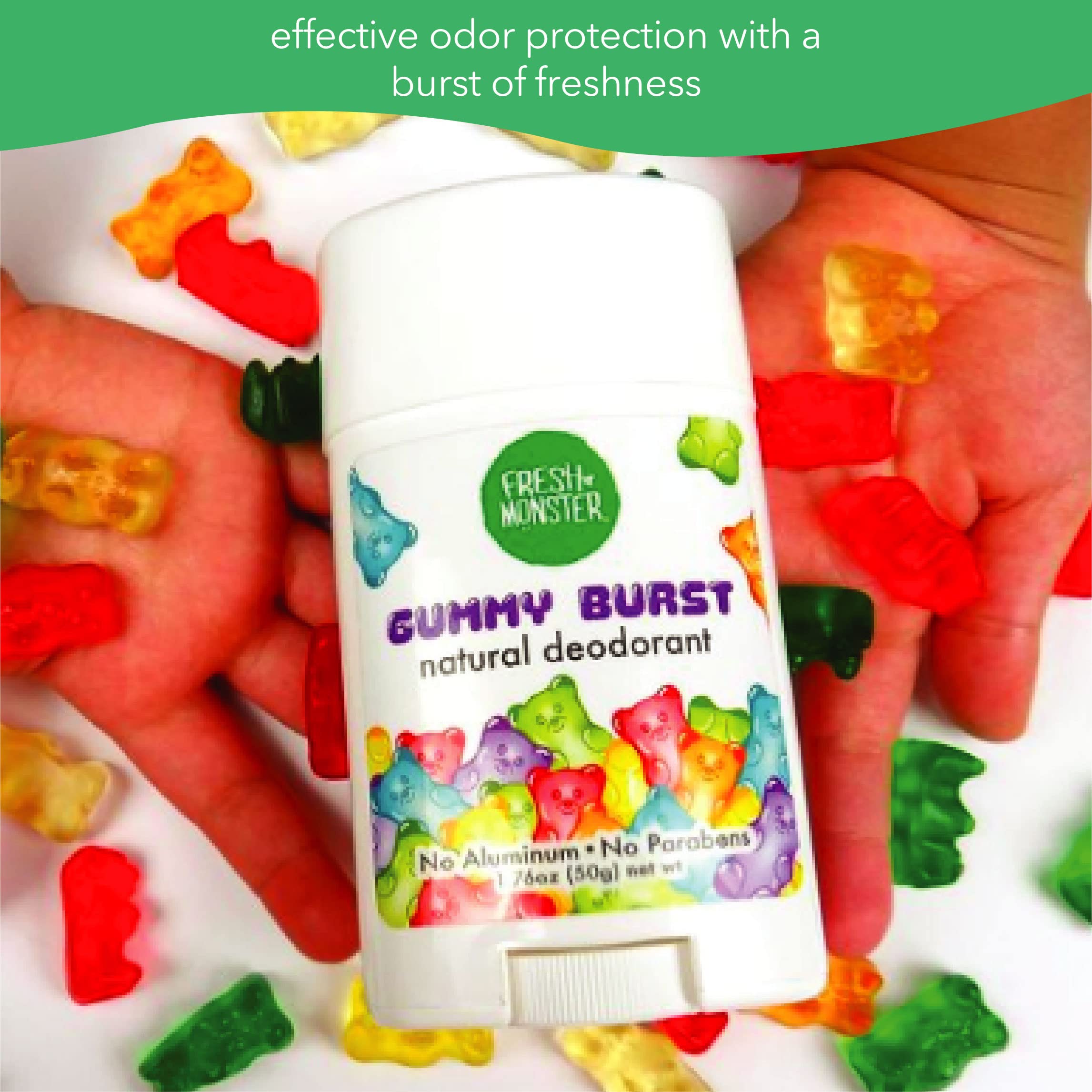 Fresh Monster gummy-burst-scent deodorant offers a fun fragrance for kids' daily wear.