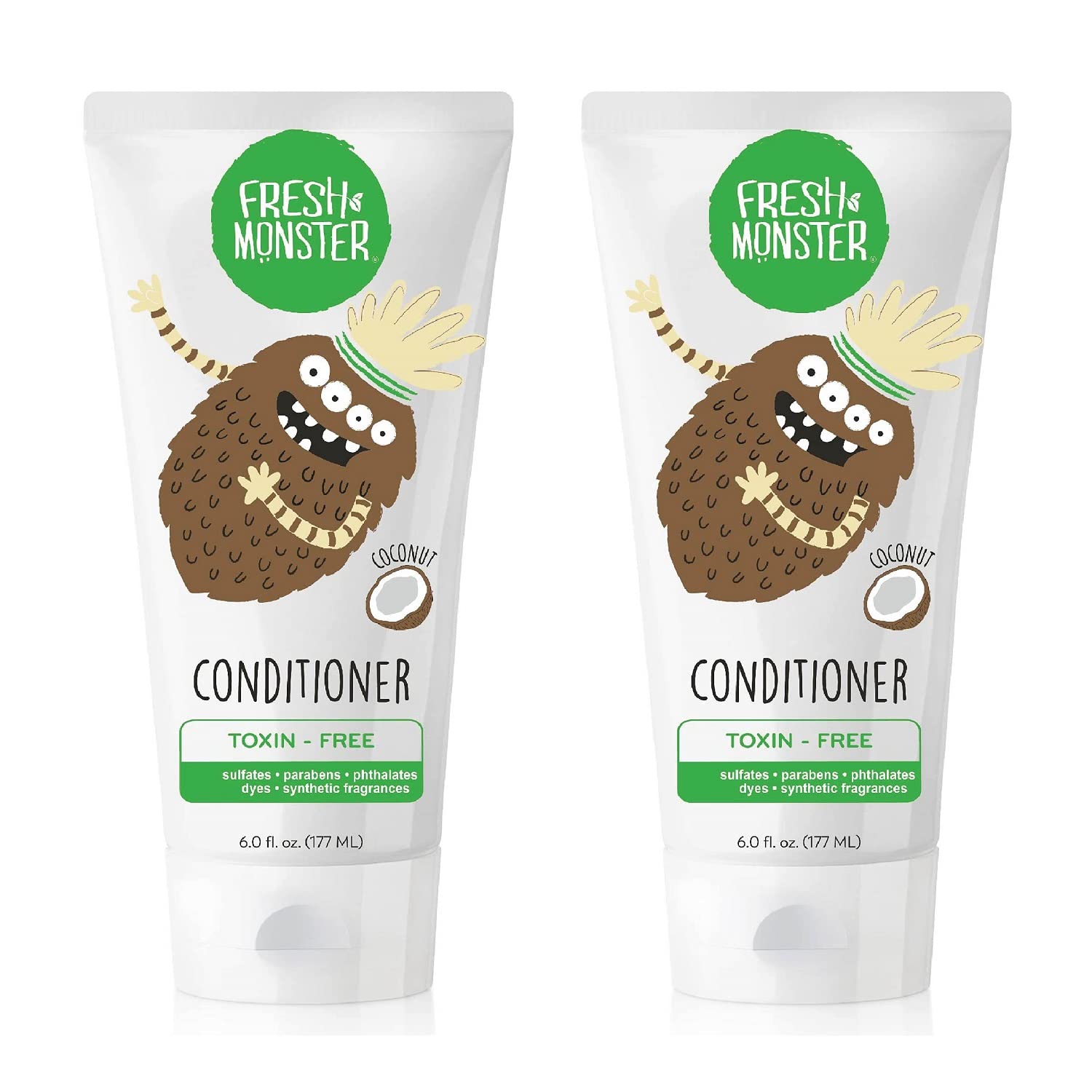 Fresh Monster kids hair conditioner bottle front highlighting toxin-free coconut formula for gentle detangling