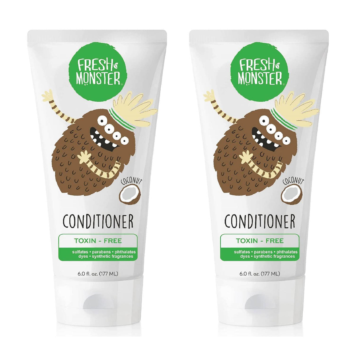 Fresh Monster kids hair conditioner bottle front highlighting toxin-free coconut formula for gentle detangling