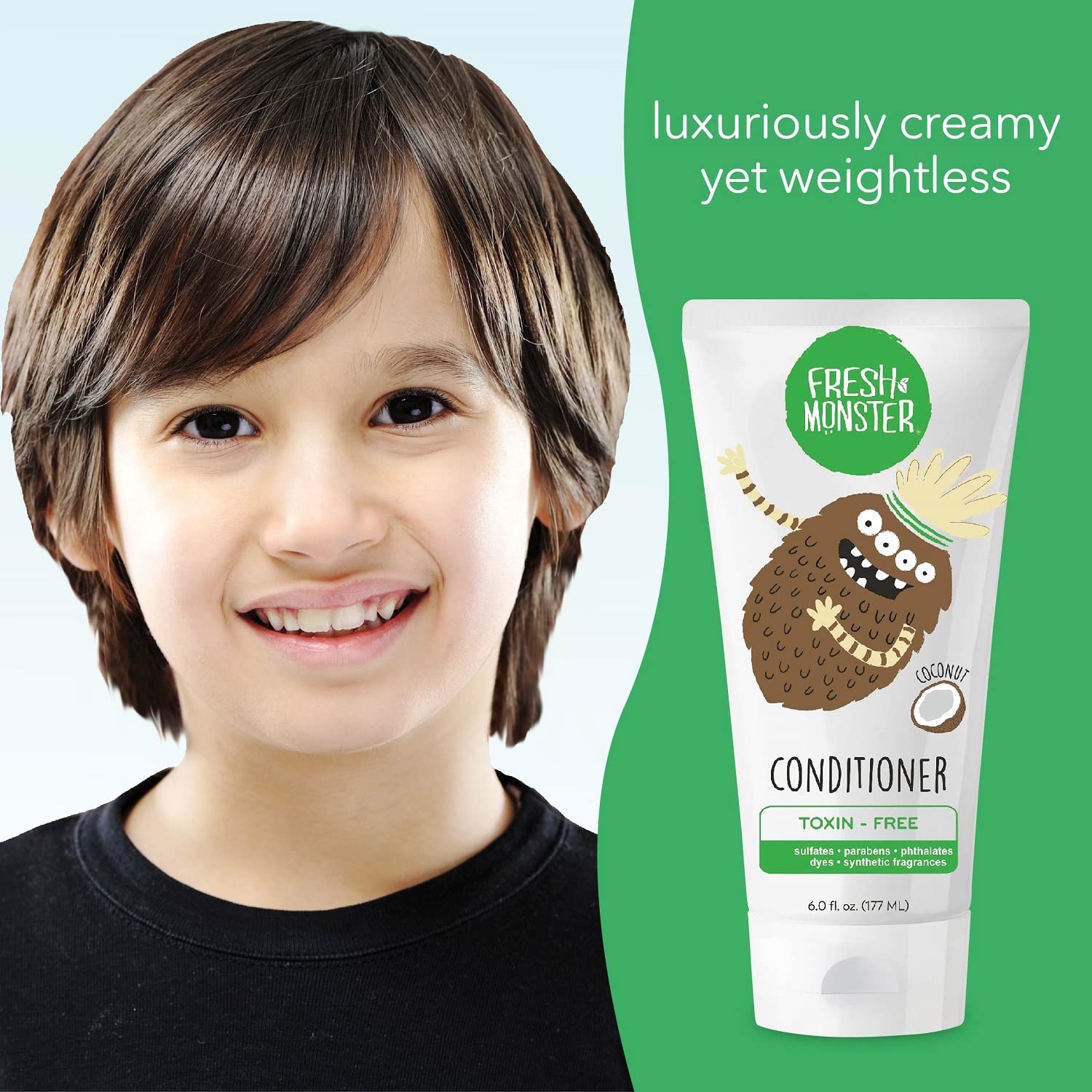 Fresh Monster kids conditioner tube open shows creamy texture ideal for quick after-bath detangling