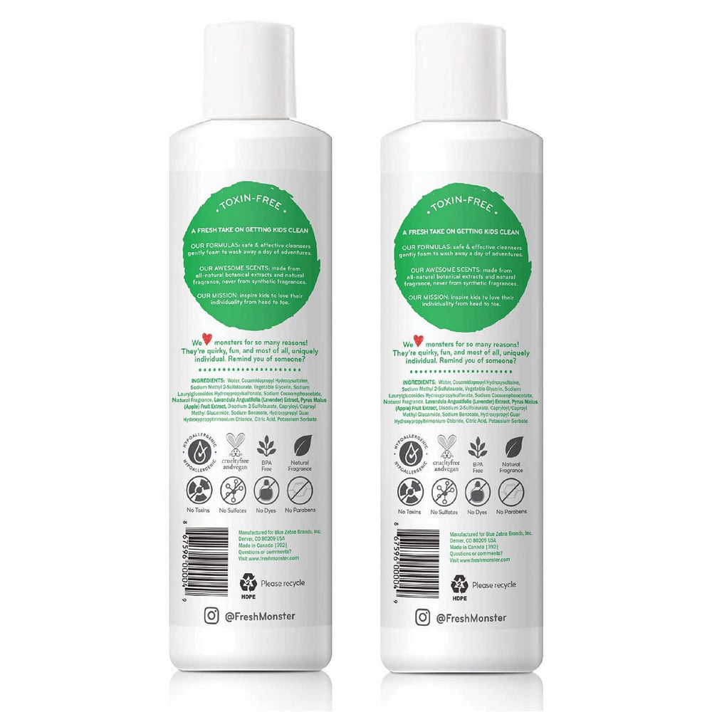 Fresh Monster tear-free shampoo shown during bath time.