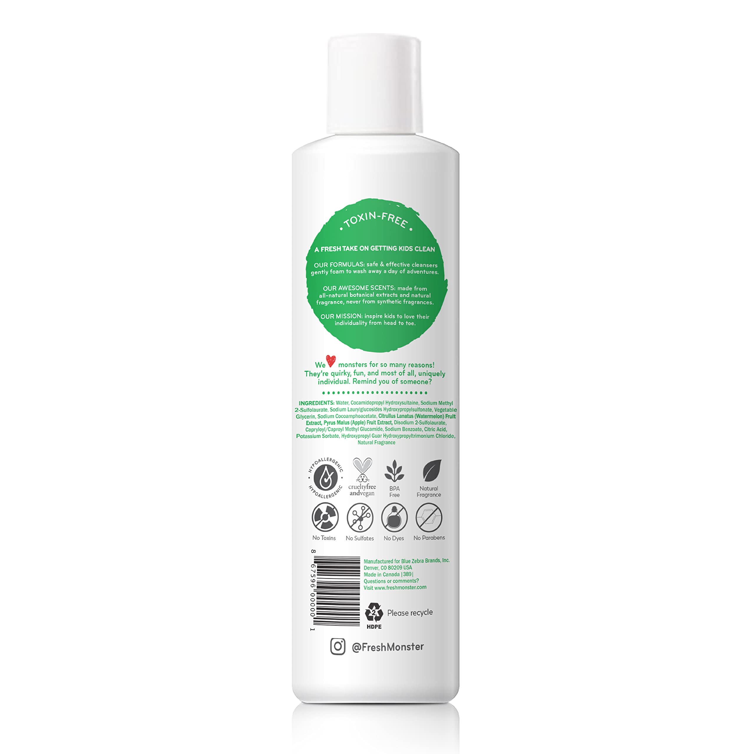 Fresh Monster tear-free formula closeup highlights gentle cleansing for sensitive eyes.