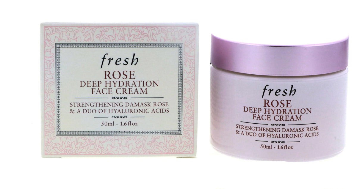 Fresh Rose Deep Hydration Cream bottle shown for lasting moisture.