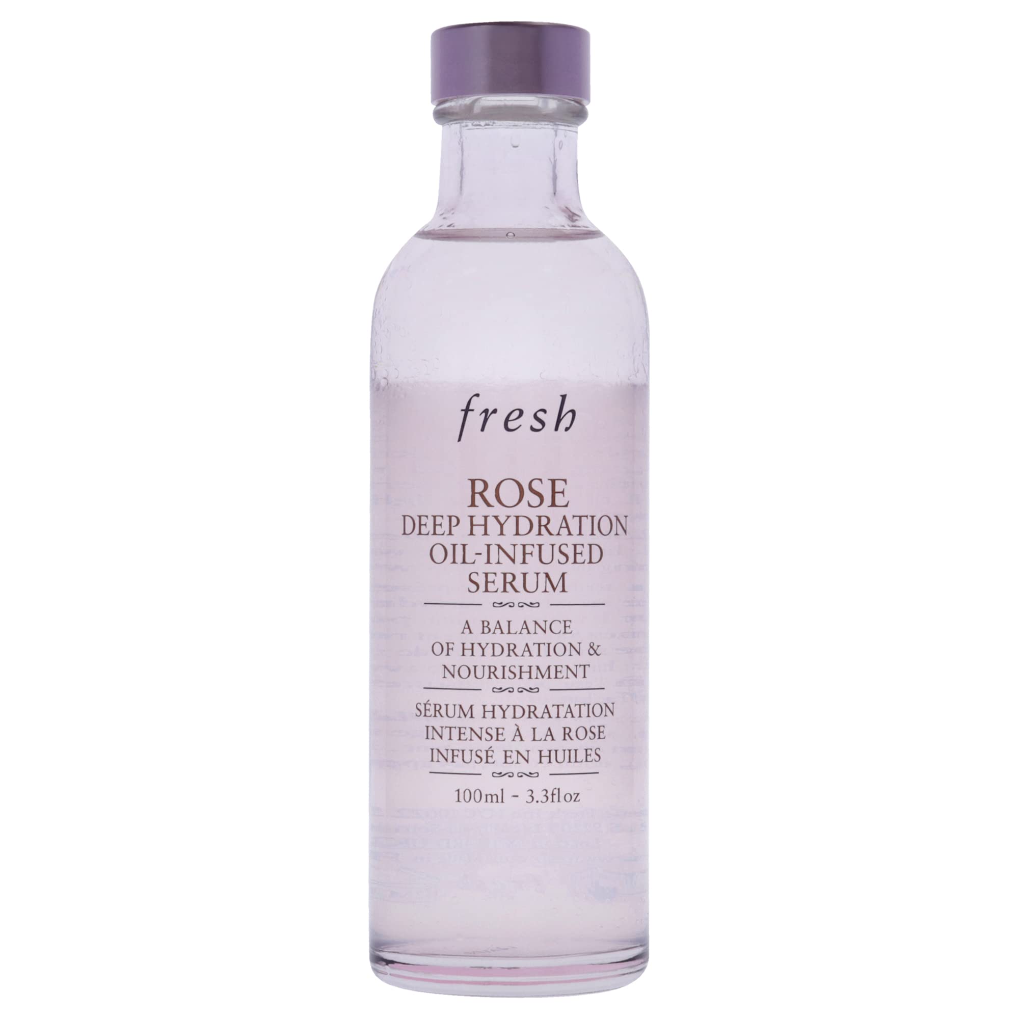 Fresh Rose Deep Hydration Serum bottle closeup highlighting two-phase texture and slip