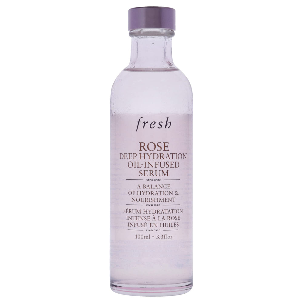 Fresh Rose Deep Hydration Serum bottle closeup highlighting two-phase texture and slip