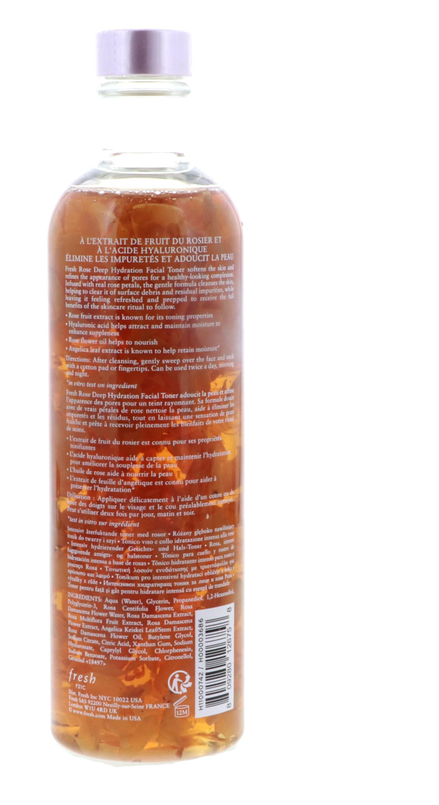 Fresh Rose Deep Hydration Toner bottle pump top promotes easy daily application and refreshment.