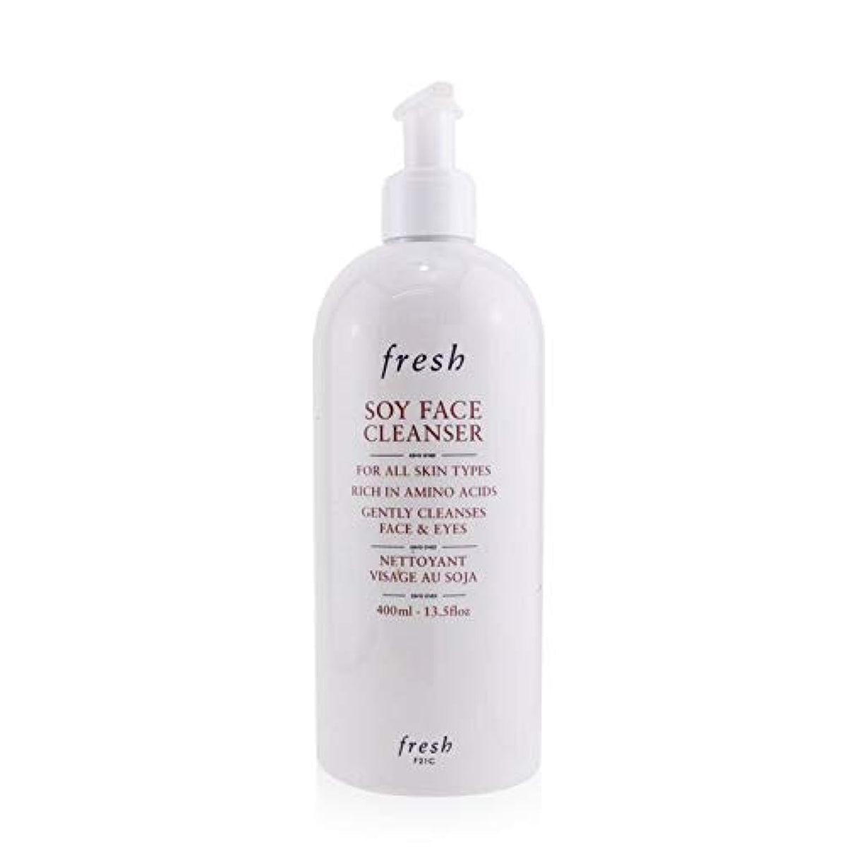 Fresh Soy Face Cleanser bottle on bathroom counter for gentle daily cleansing.