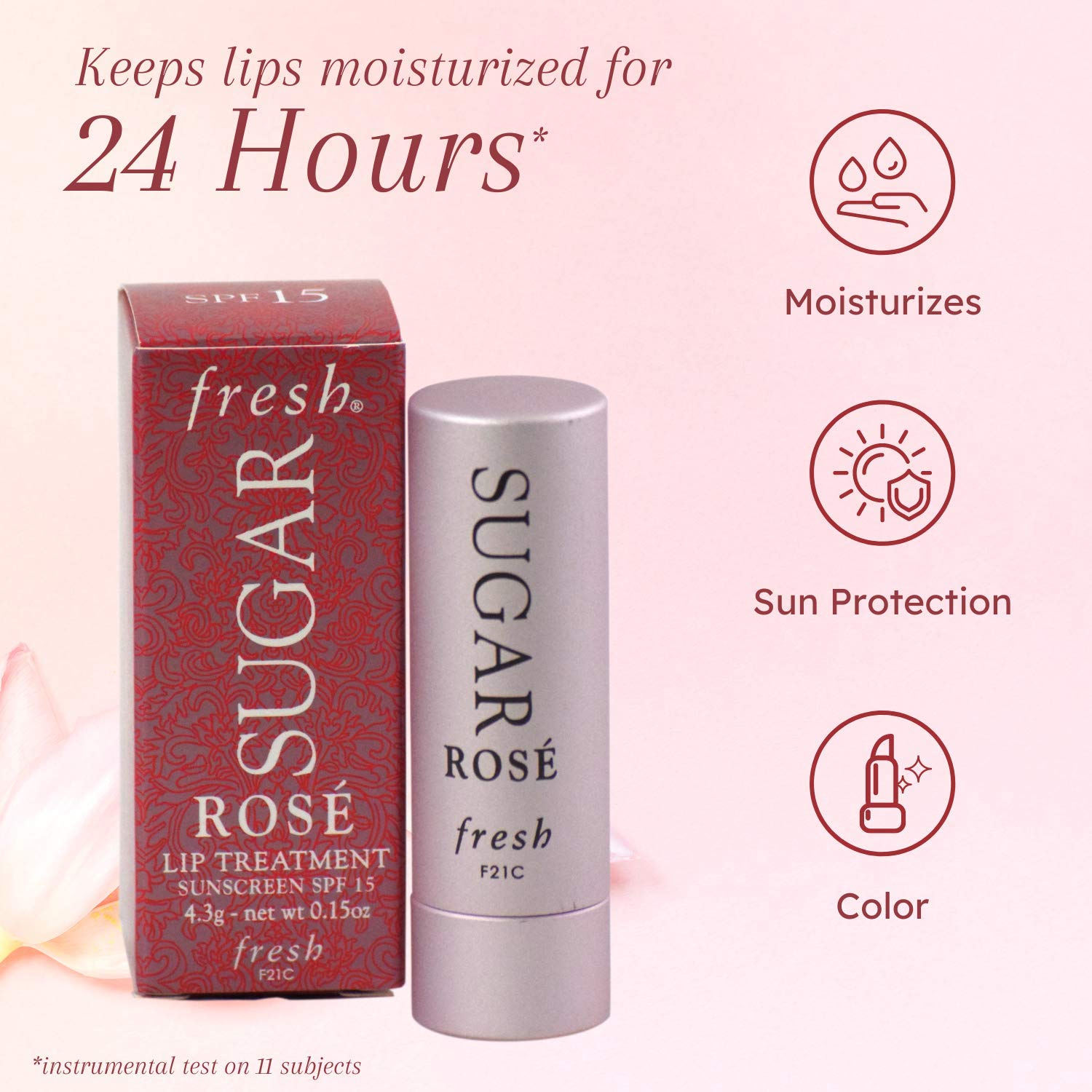 Fresh Sugar Lip Treatment Rose cap highlights easy application and sun care.
