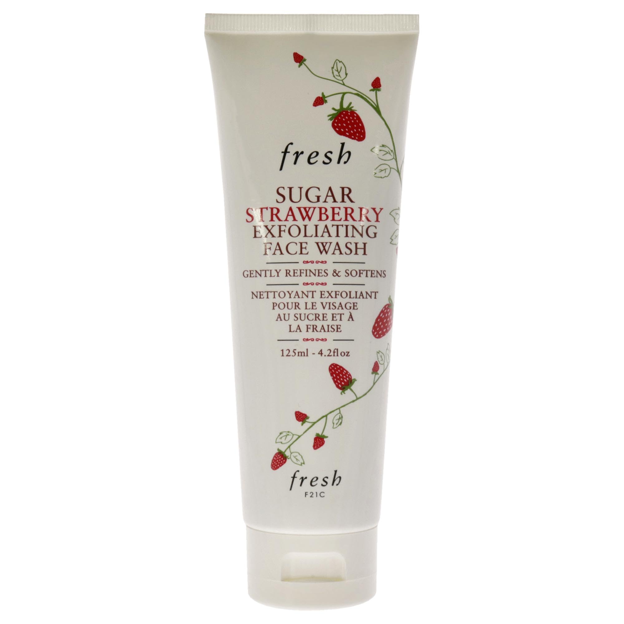 Fresh Sugar Strawberry exfoliating face wash bottle front offers a gentle daily cleanse with a strawberry scent.