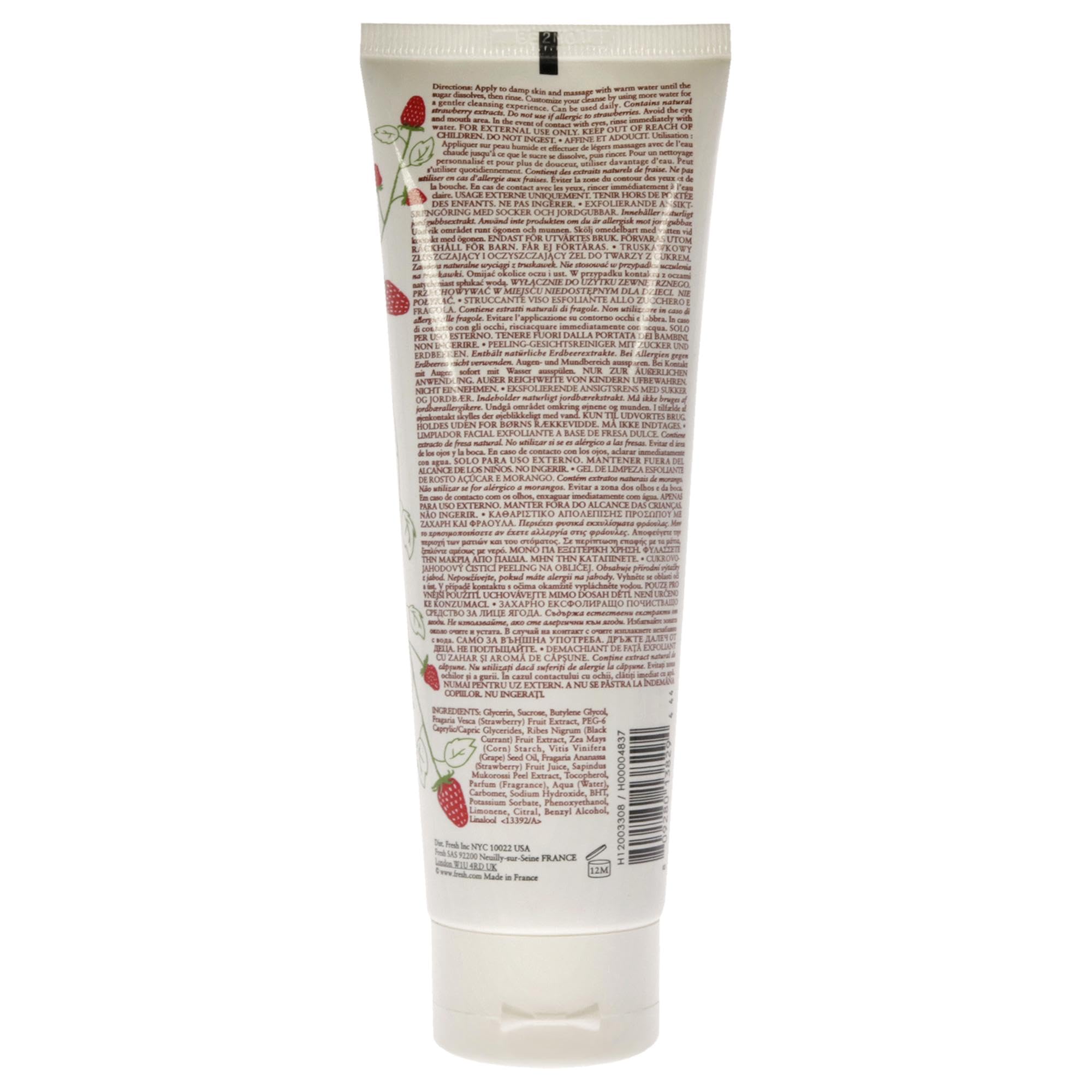 Fresh Sugar Strawberry exfoliating face wash bottle side highlights easy rinse-off and skin-softening texture.