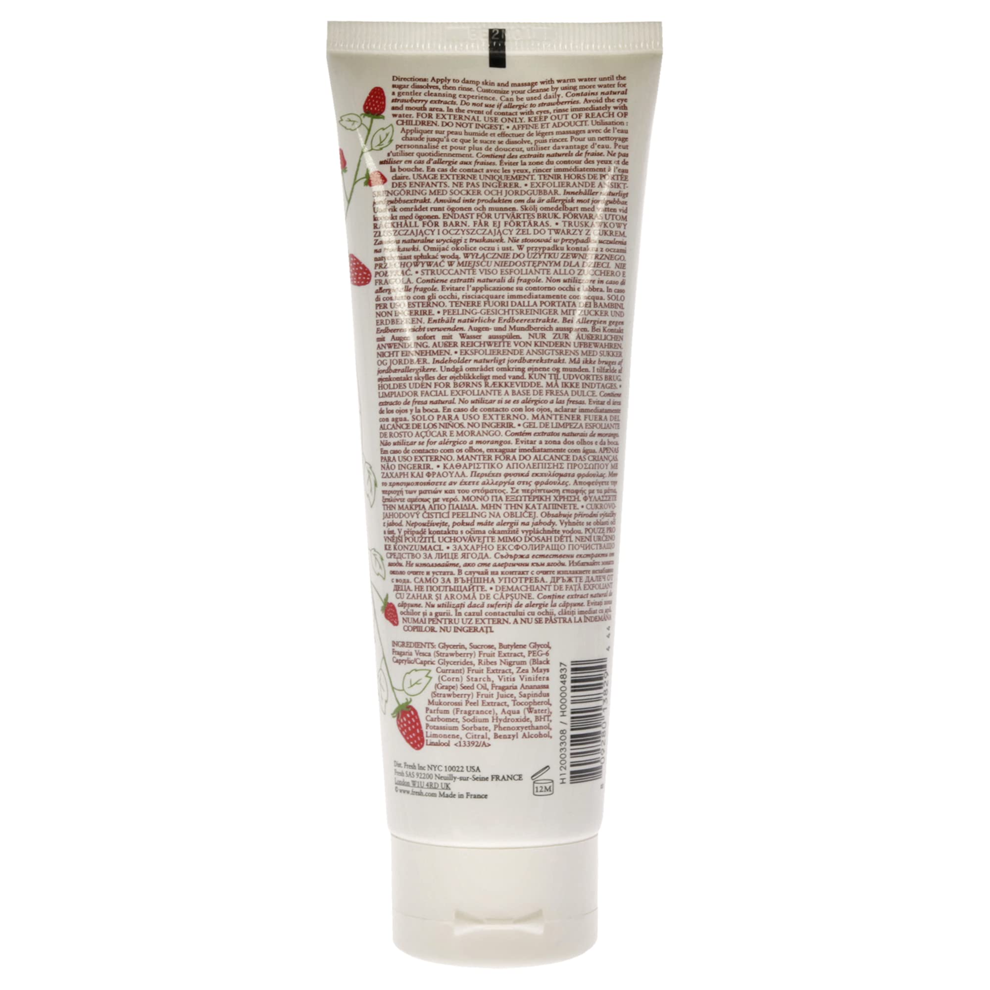 Fresh Sugar Strawberry exfoliating face wash ingredients white sugar close-up illustrates gentle exfoliation.