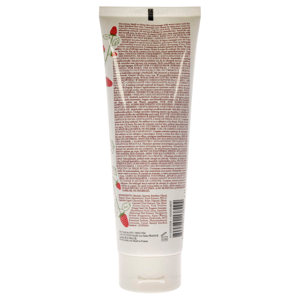 Fresh Sugar Strawberry exfoliating face wash ingredients white sugar close-up illustrates gentle exfoliation.