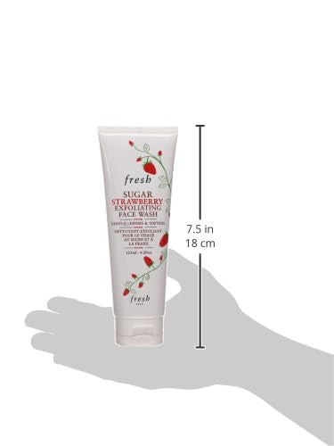 Fresh Sugar Strawberry exfoliating face wash real strawberries close-up suggests natural fruit-infused cleansing experience.