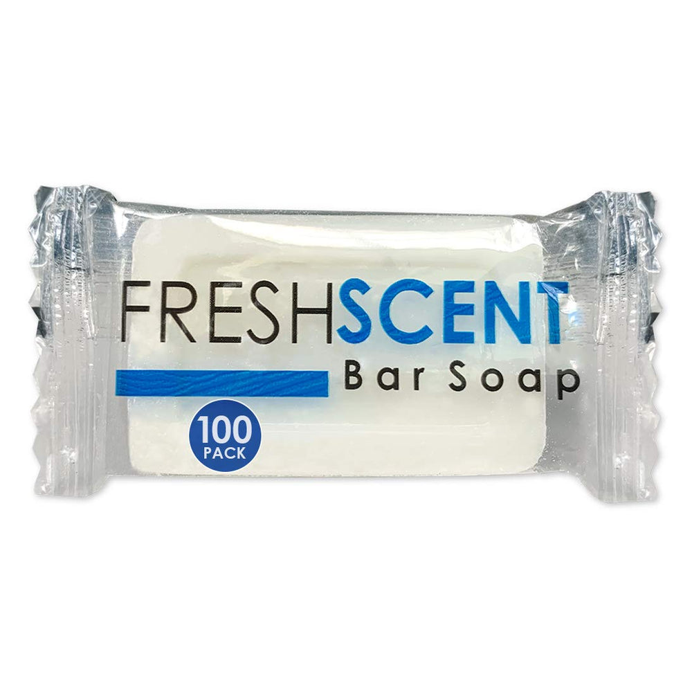 Freshscent bar soap 0.5oz wrapped emphasizes bulk hospitality convenience for hotel rooms.