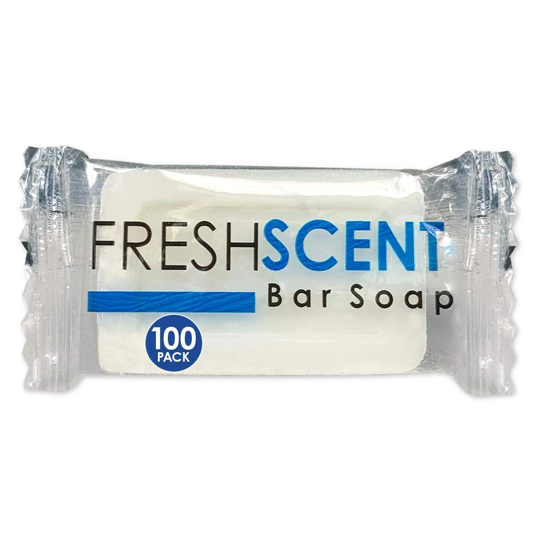 Freshscent bar soap packaging for a 100-pack bulk hotel distribution.