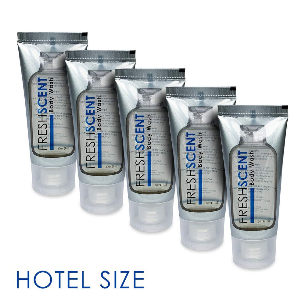 Freshscent 1oz body wash shown with foil-seal protection during storage.