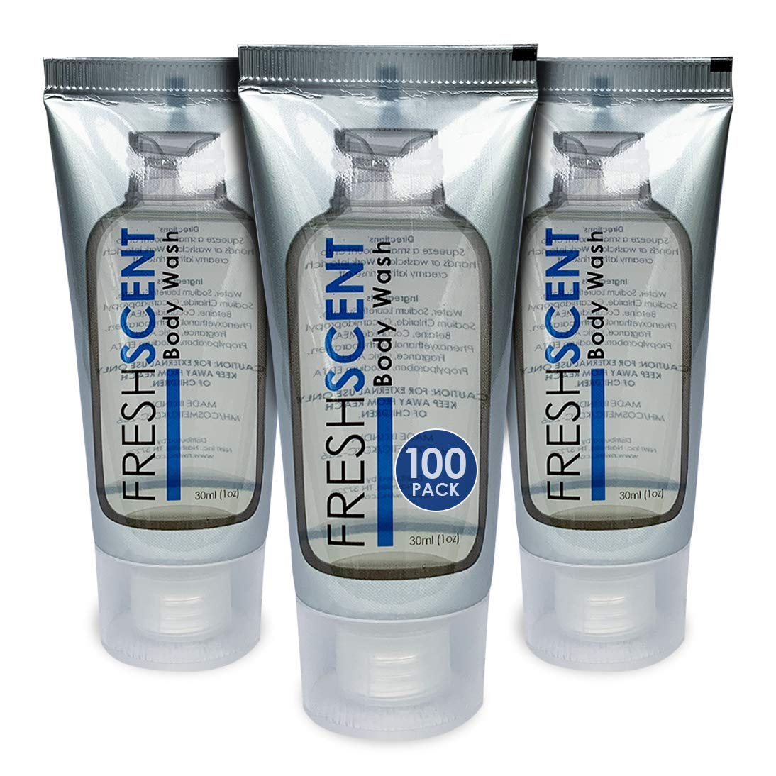 Freshscent 1oz body wash tubes in case display for hotel amenities and easy stocking.