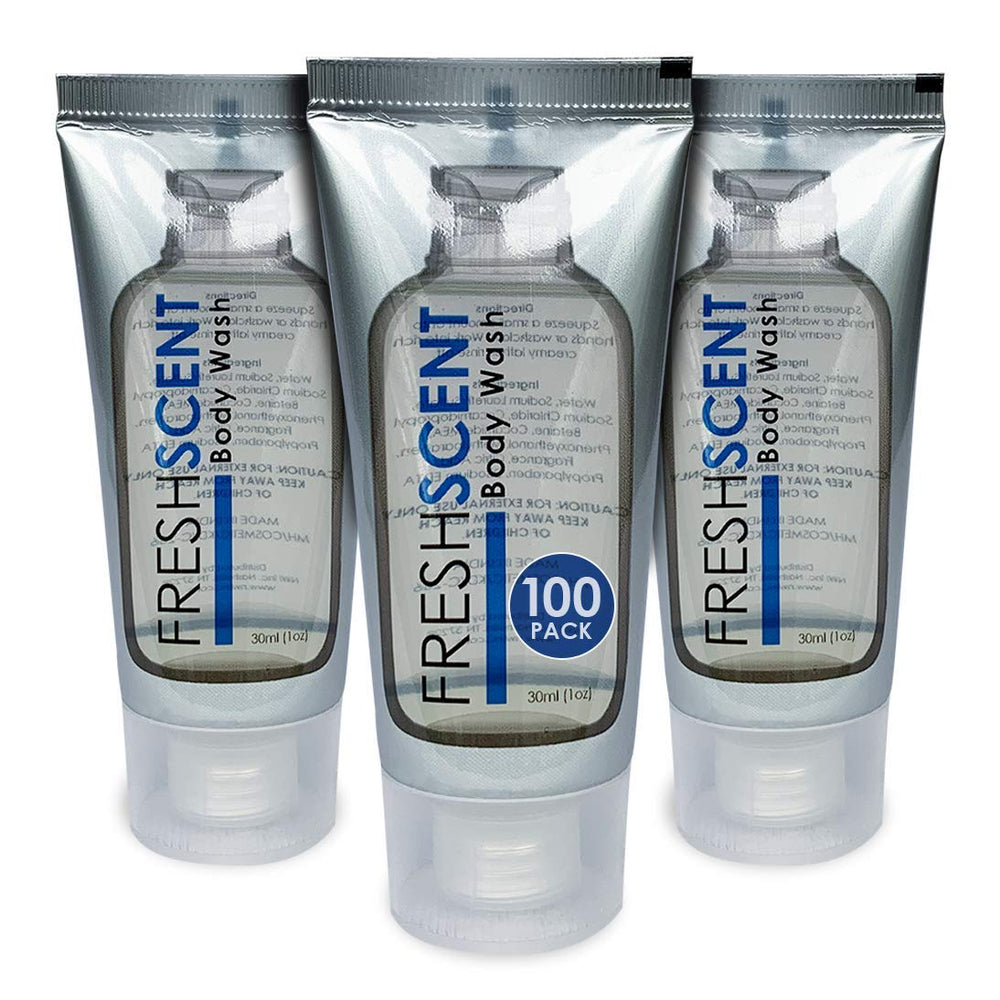 Freshscent 1oz body wash tubes in case display for hotel amenities and easy stocking.