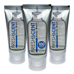 Freshscent 1oz body wash tubes in case display for hotel amenities and easy stocking.