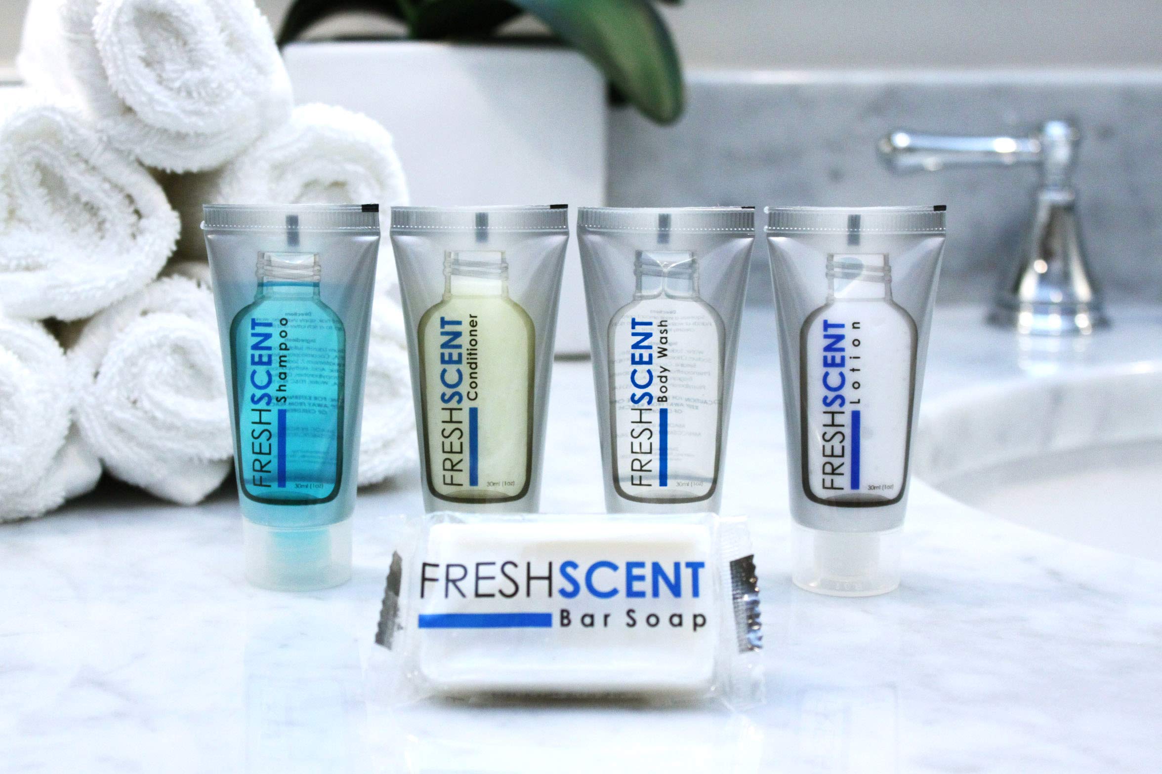 Freshscent Hotel Collection body wash tubes delivering unisex scent for comfortable showers.