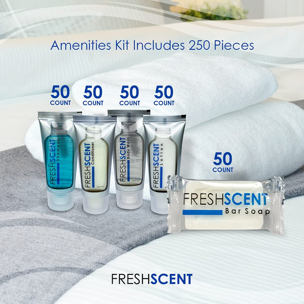 Freshscent Hotel Collection conditioner tubes ready for guest refreshment and easy top-off.