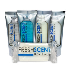 Freshscent Hotel Collection shampoo tubes—compact guest amenities for seamless hotel bathroom replenishment.