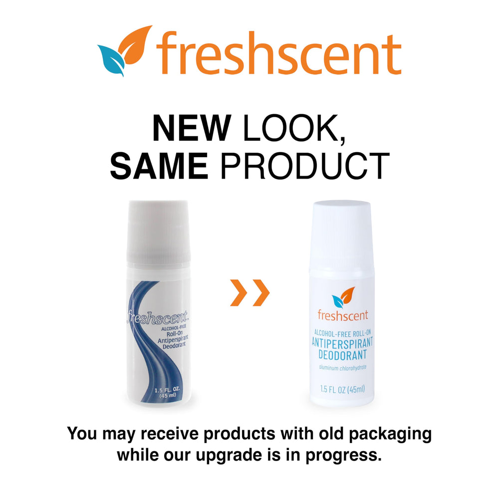 Freshscent roll-on deodorant bottle close-up highlights US-made quality and compact size.