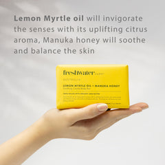 Freshwater Farm Australia lemon myrtle honey bar closeup shows creamy texture.